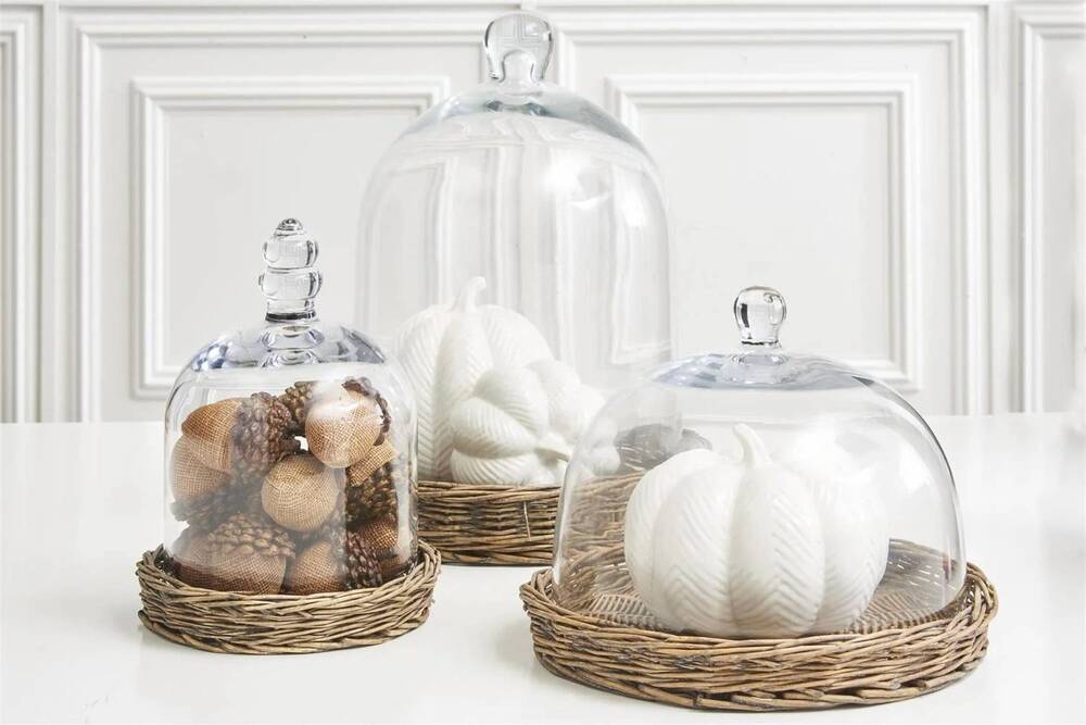 NEW K&K INTERIORS glass cloches with woven wicker trays in clear